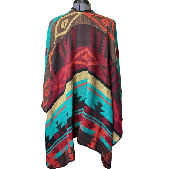 Southwestern Inspired Poncho / Cape Teal Brown Red Tribal Print Western Style OS - Picture 3 of 4